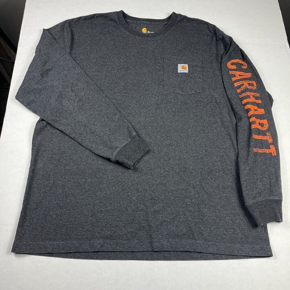 Carhartt Mens Long Sleeve Workwear T-Shirt Gray Crew Neck Pocket Casual Tee XL